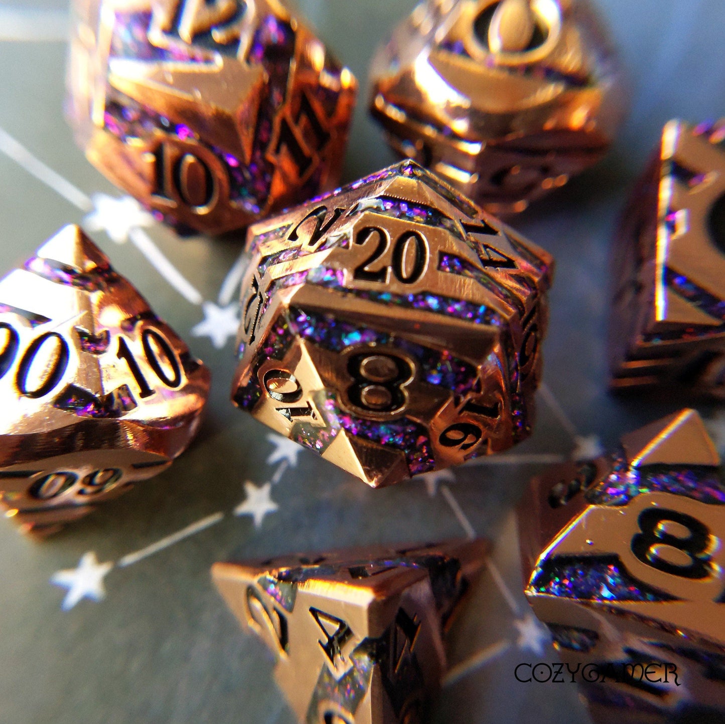 Portal Metal Dice Set. Copper Plated Striped Glitter Dice Dice Sets & Games Fennek and Finch Tanzanite