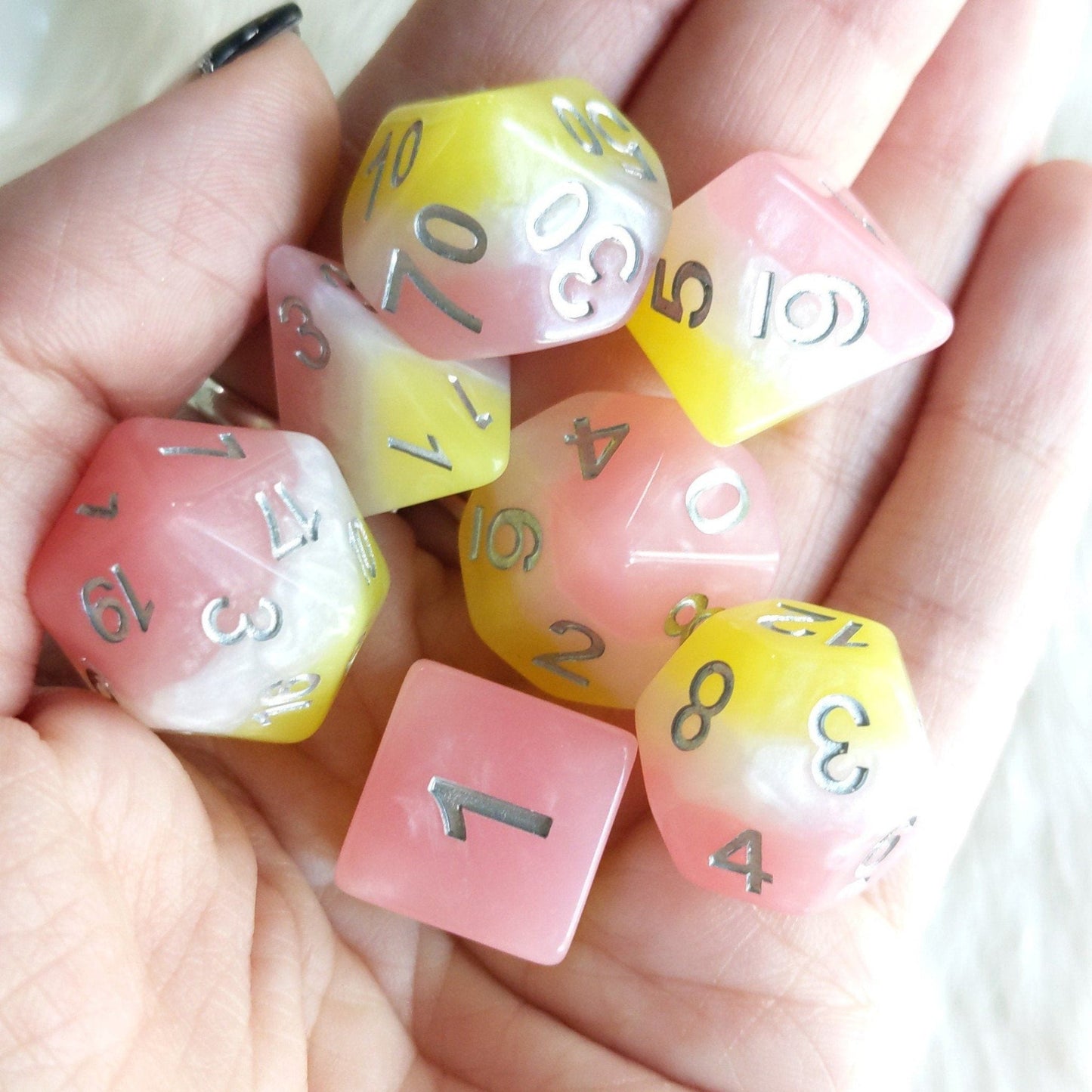 Posey Dice Set – 7-Piece Pearly Pink White Yellow Silver Font DnD Dice Dice Sets & Games Fennek and Finch
