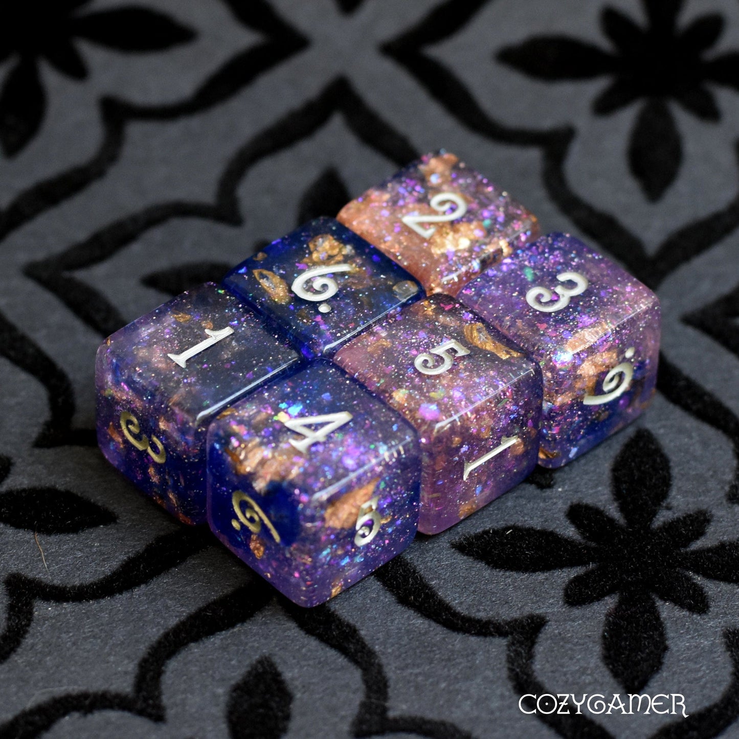 Psychic Blade Dice Set. Blue and Lilac with Opal Flakes and Gold Foil D6 Set