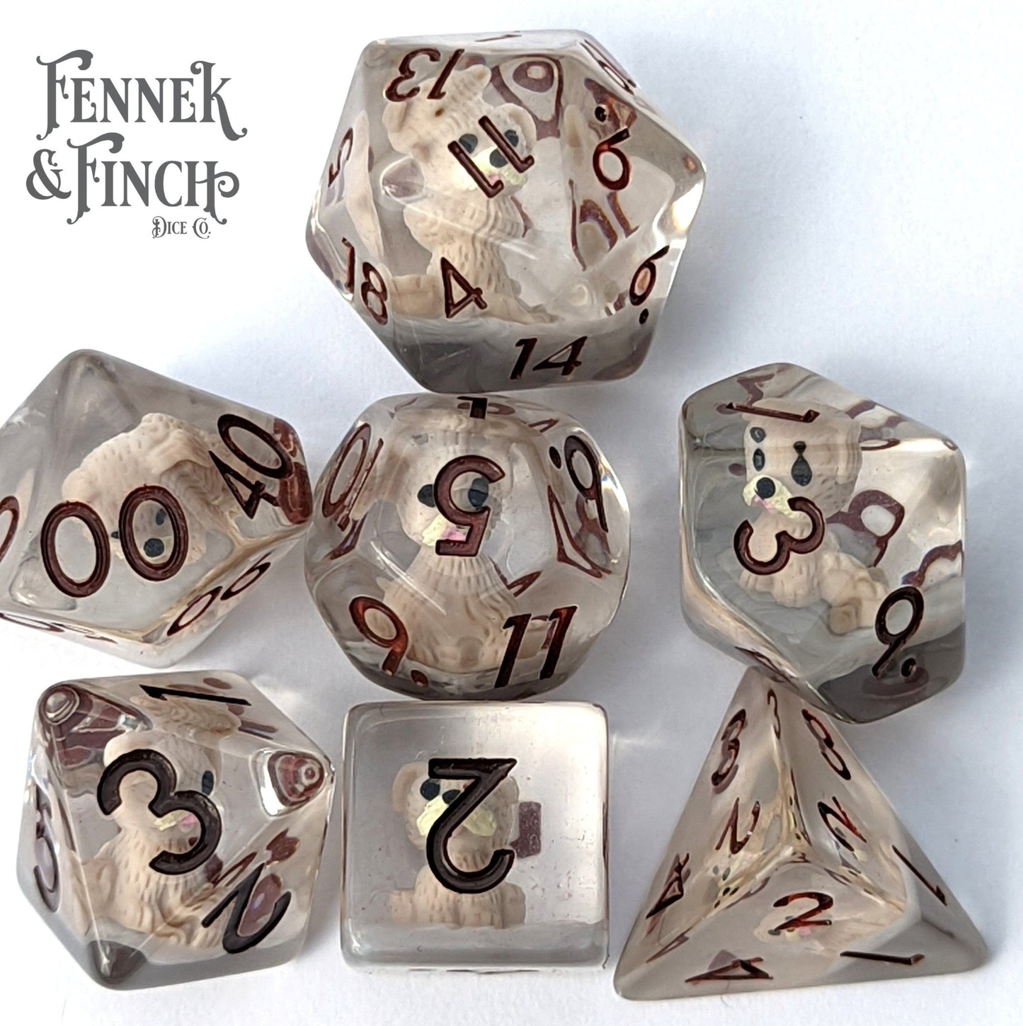 Puppy Dog Dice Set – 7 - Piece Beige Dogs Grey Resin Animal DnD Dice - Fennek and Finch