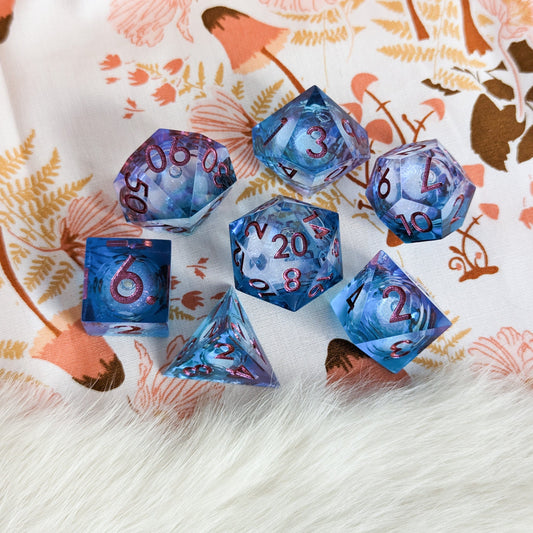 Purple and Blue Liquid Core Sharp Edge Resin DnD Dice Set