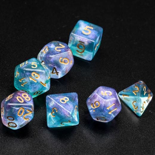 Purple and Cyan Will O Wisp Dice Set with shimmering glitter, 7 acrylic polyhedral dice for DnD and tabletop RPGs on a black background.