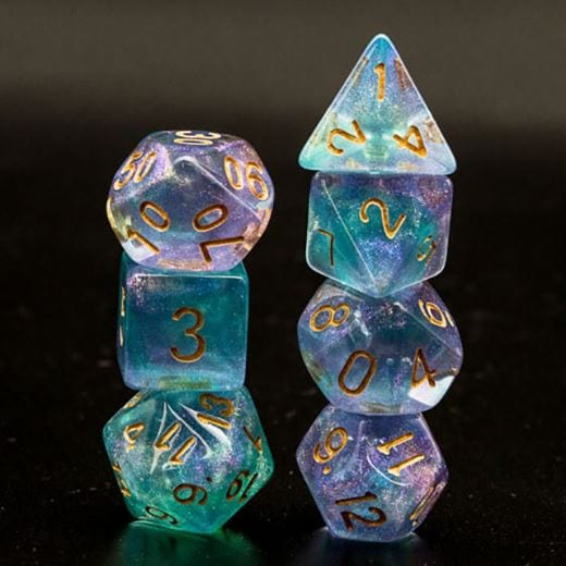 Purple and Cyan Will O Wisp Dice Set with glitter, 7-piece polyhedral dice for tabletop RPGs like Dungeons and Dragons.