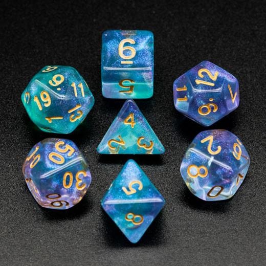 Purple and Cyan Will O Wisp Dice Set with glitter, 7 acrylic polyhedral pieces for DnD and TTRPGs, including D20, D12, D10, and more.