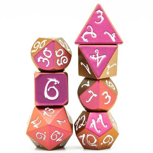 Purple and gold dragon design metal dice set with white numbers, includes 7 polyhedral dice for tabletop RPGs like Dungeons & Dragons.
