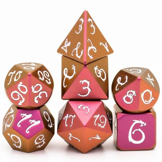Purple and gold metal dice set with white dragon font for tabletop RPGs, including D20, D12, D10, D%, D8, D6, D4.