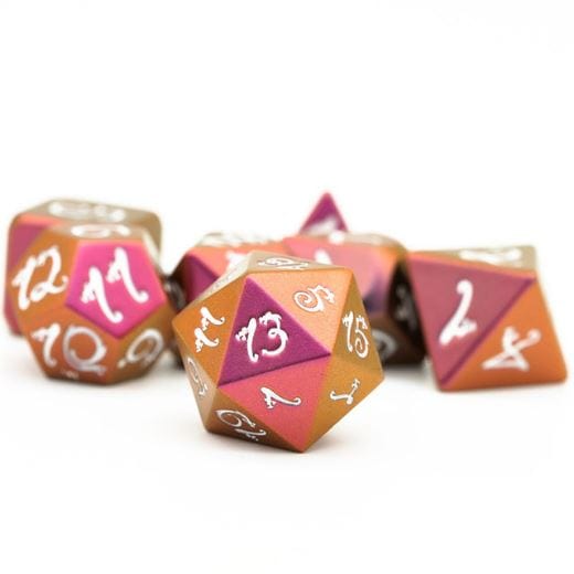 Purple and gold metal dice set with white dragon font accents for tabletop RPGs like Dungeons and Dragons.