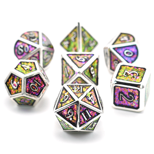 Purple and green color shifting glitter metal dice set with silver trim, 7-piece polyhedral dice for tabletop role-playing games.