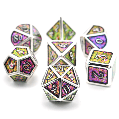Purple and Green Color Shifting Glitter Metal Dice Set with Silver Trim