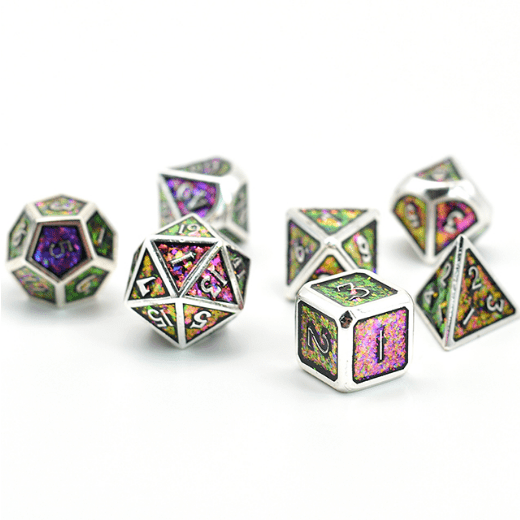 Purple and green color shifting glitter metal dice set with silver trim for tabletop games like Dungeons and Dragons, 7 piece set.
