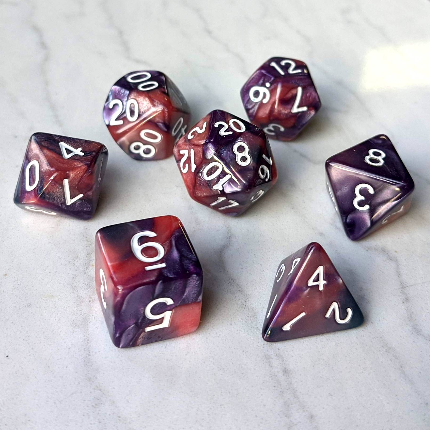 Purple and Rose Pearly Marbled Dice Set Dice Sets & Games Fennek and Finch