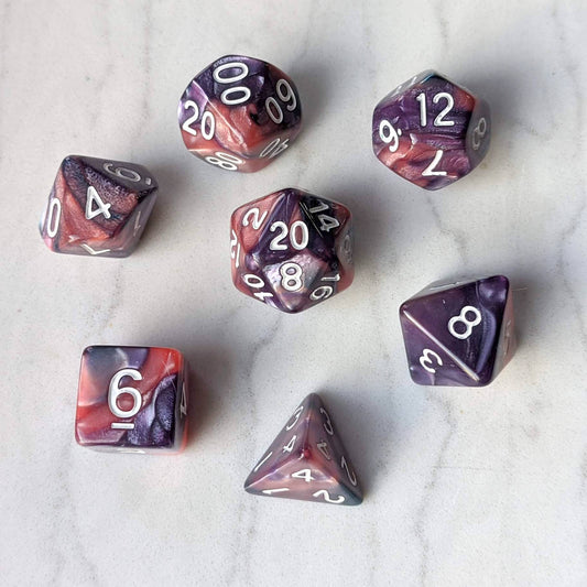 Purple and Rose Pearly Marbled Dice Set Dice Sets & Games Fennek and Finch