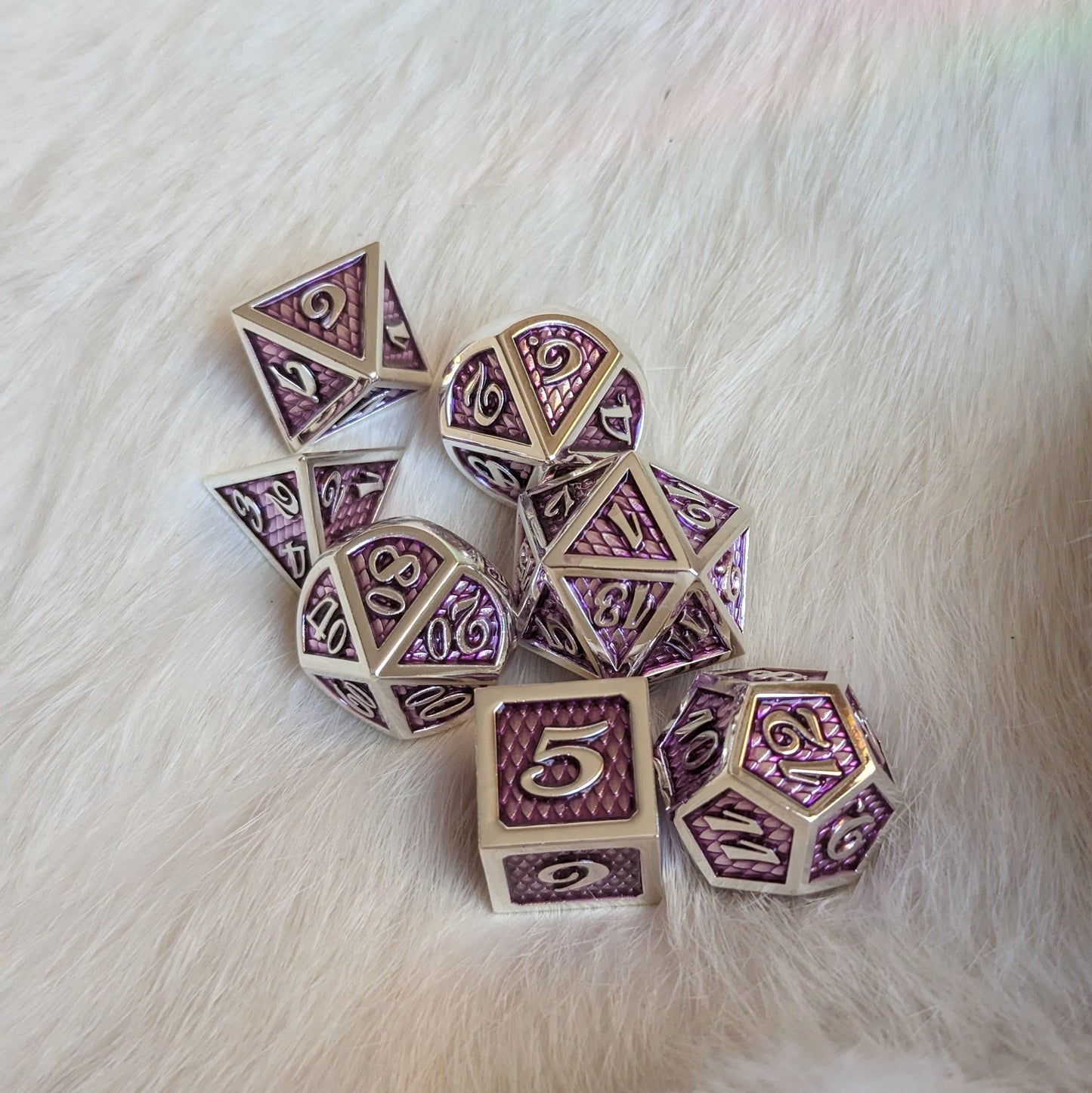 Purple and Silver Dragon Scale Metal DND Dice Set