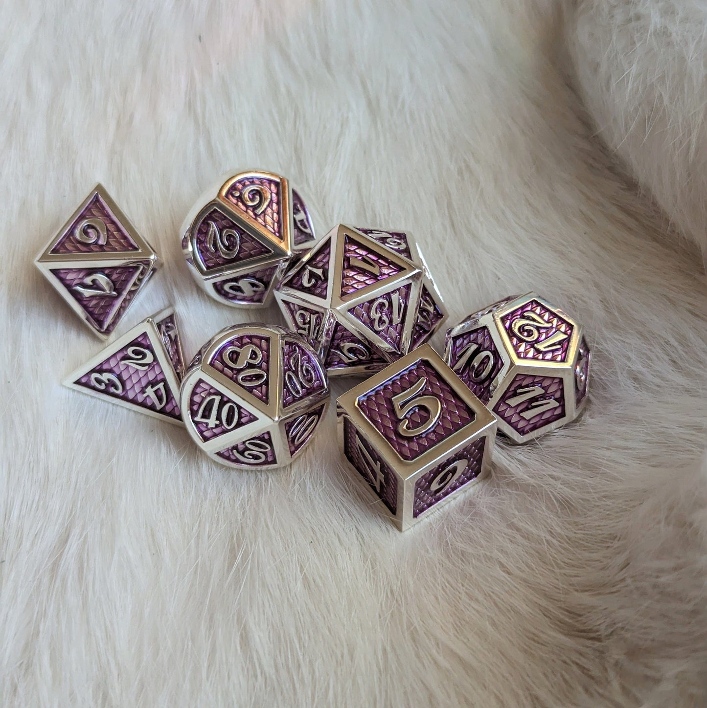 Purple and Silver Dragon Scale Metal DND Dice Set