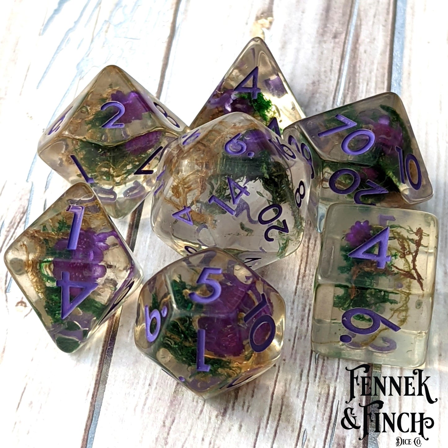 Purple Flower and Moss Dice Set. 7 Piece terrarium style DND dice set Dice sets Fennek and Finch