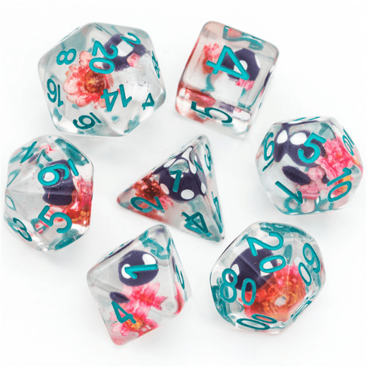 Purple Mushroom and Flowers Dice Set for tabletop RPGs, featuring 7 polyhedral dice with floral designs for Dungeons and Dragons.