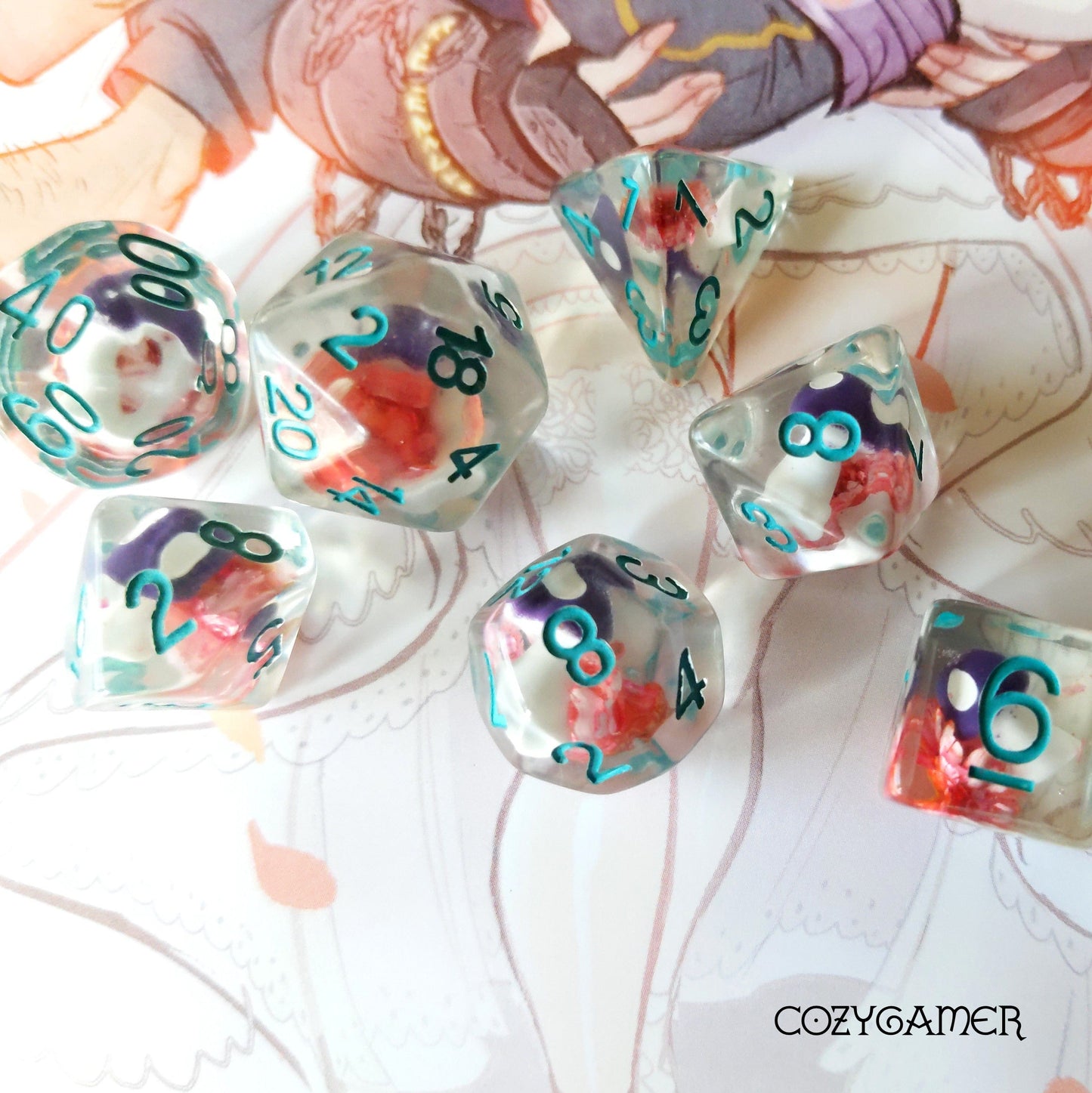 Purple mushroom and flowers polyhedral dice set for tabletop RPGs on illustrated background.
