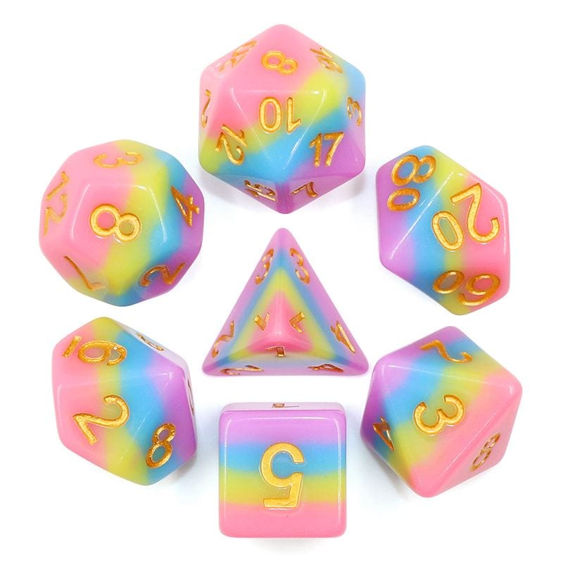 Rainbow Bridge Dice Set, pastel rainbow layered DND dice in pink, yellow, blue, purple with gold numbers, glossy finish, 7 pieces.