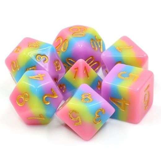 Rainbow Bridge Dice Set with gold numbers, featuring opaque pink, yellow, blue, and purple layers for tabletop RPGs.