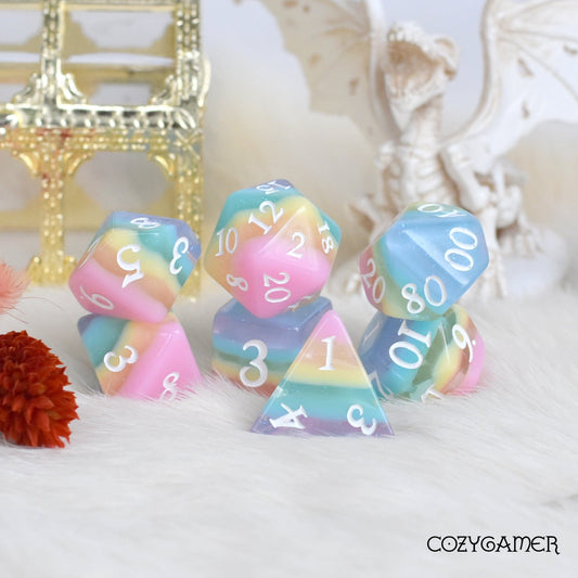 Rainbow Candy, a pastel rainbow stripe DND dice set