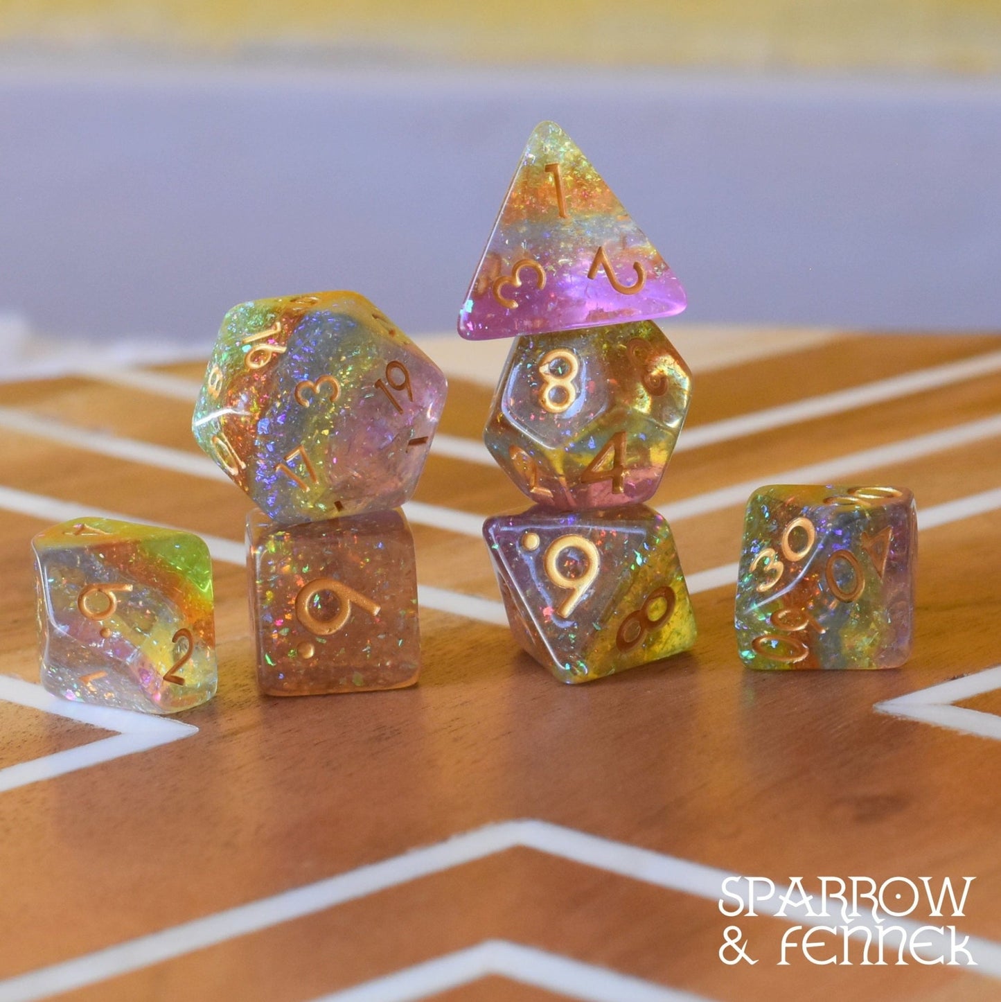 Rainbow Catcher DnD Dice Set, Translucent Glitter Rainbow layered Dice Dice sets Fennek and Finch