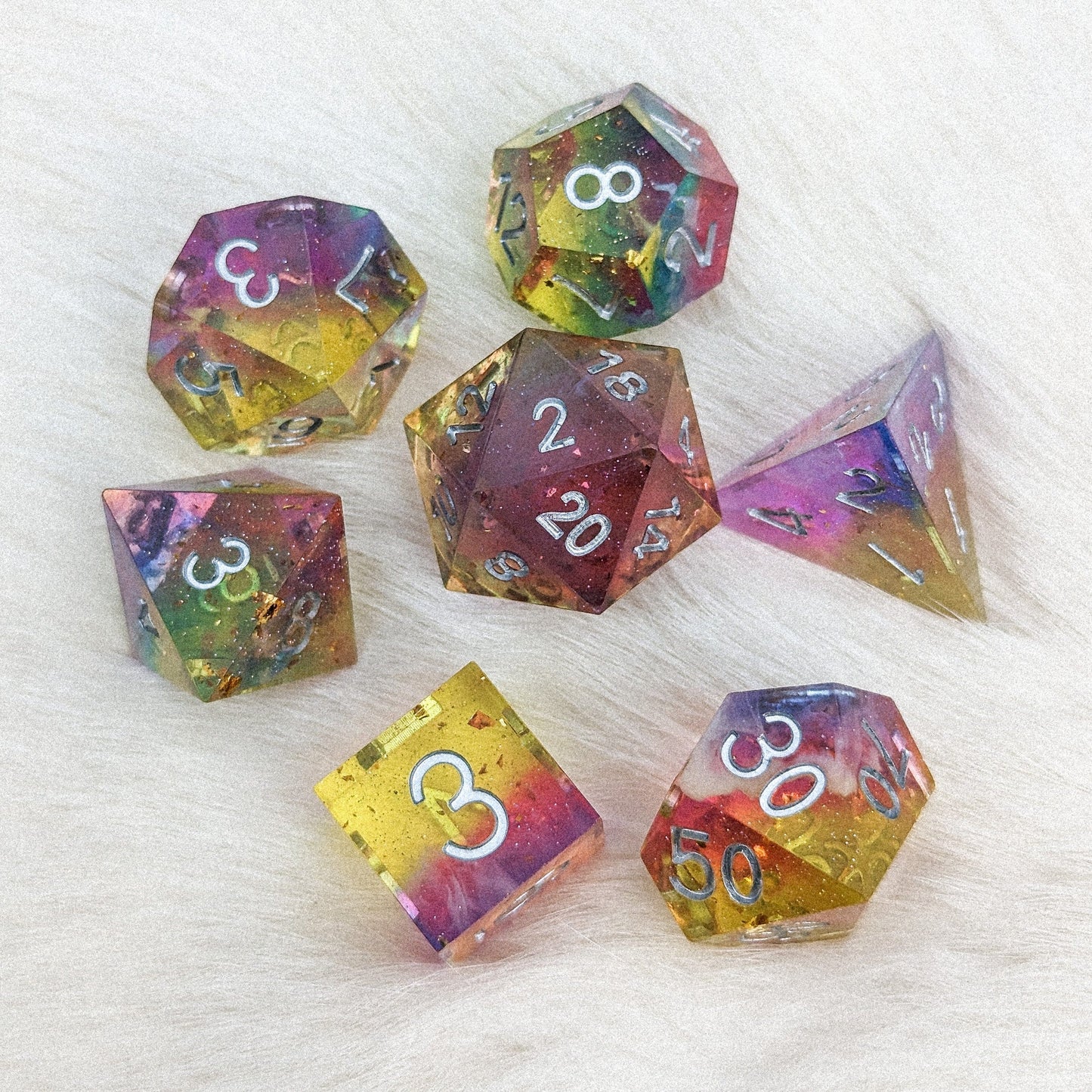 Rainbow Galaxy Sharp Edge Resin DnD Dice Set