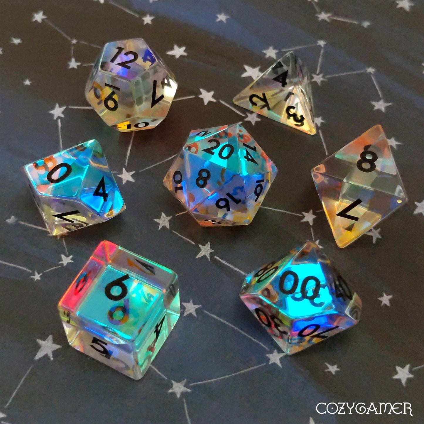 Rainbow Prism Dice Set. Fractal Glass Light Shifting Gemstone Dice.