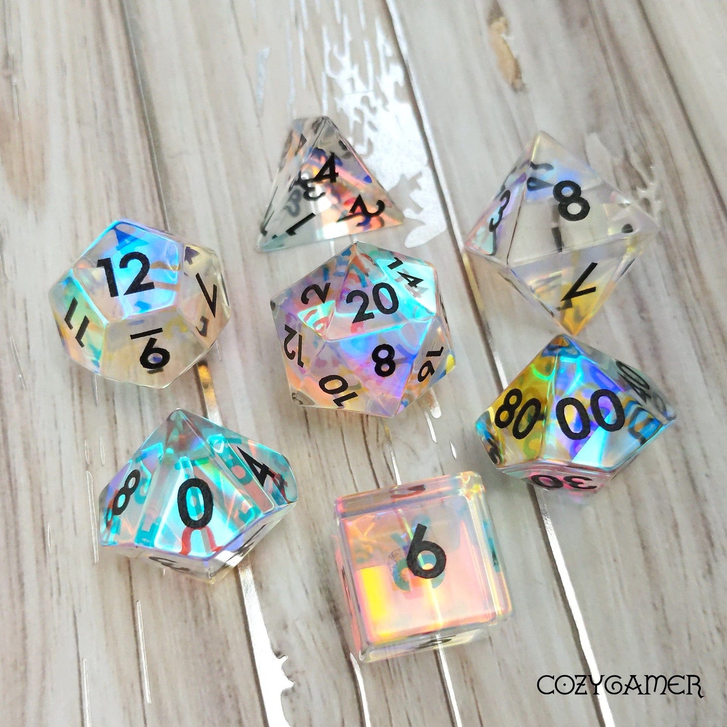 Rainbow Prism Dice Set. Fractal Glass Light Shifting Gemstone Dice.