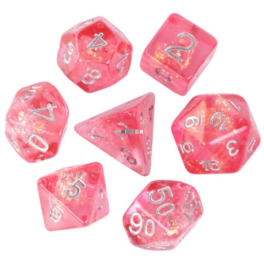 Raspberry Candy Crackle Dice Set with glitter, 7 polyhedral dice for Dungeons and Dragons and tabletop RPGs.