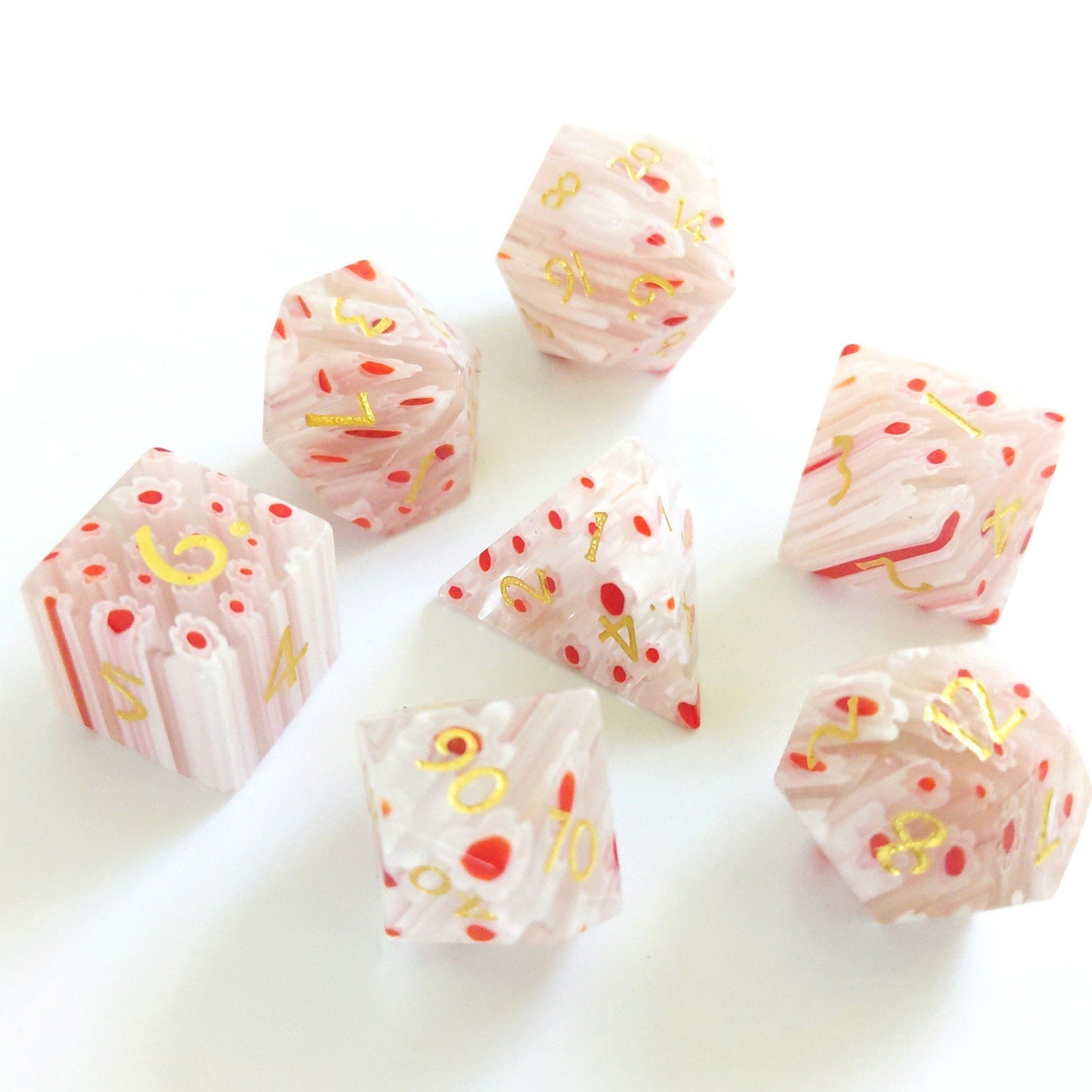 Red and White Flower Glass Dice Set. Semi Precious Gemstone 7 Piece TTRPG Dice Dice sets Fennek and Finch
