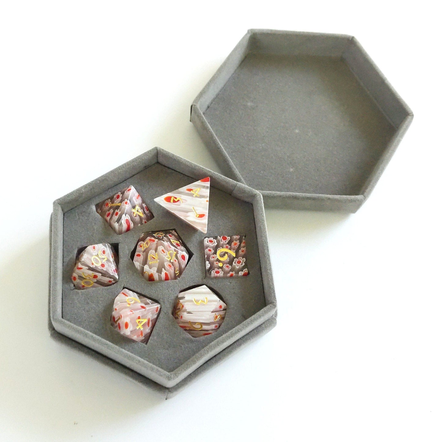 Red and White Flower Glass Dice Set. Semi Precious Gemstone 7 Piece TTRPG Dice Dice sets Fennek and Finch