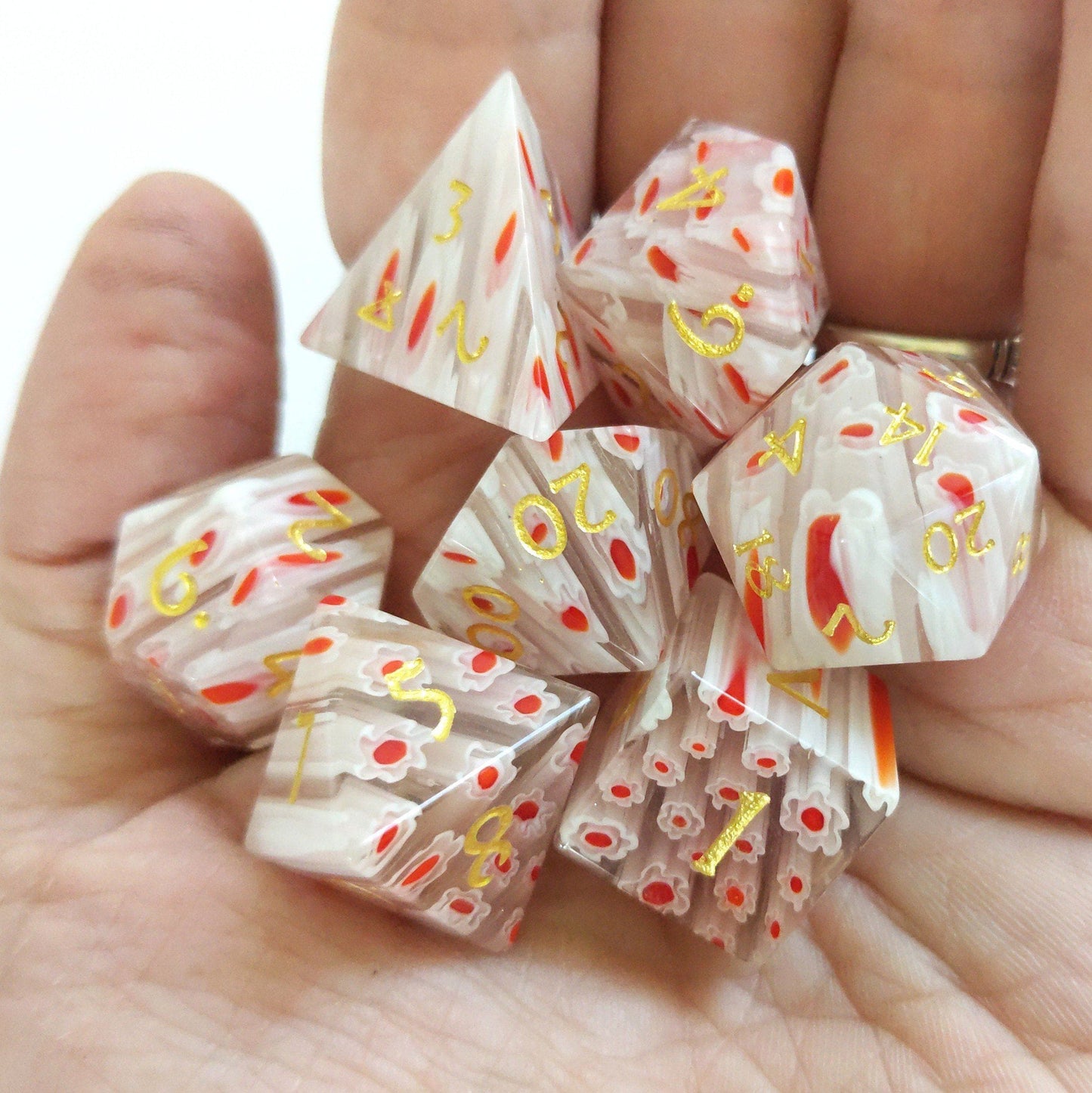 Red and White Flower Glass Dice Set. Semi Precious Gemstone 7 Piece TTRPG Dice Dice sets Fennek and Finch