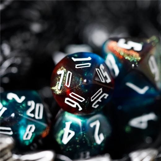 Red Blue Grey Glitter Acrylic Dice Set With Fantasy Font. TTRPG 7 Piece Dice