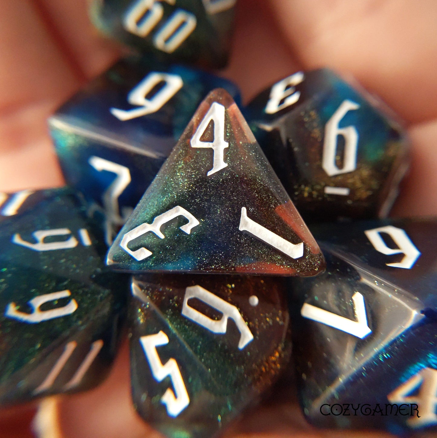 Red Blue Grey Glitter Acrylic Dice Set With Fantasy Font. TTRPG 7 Piece Dice