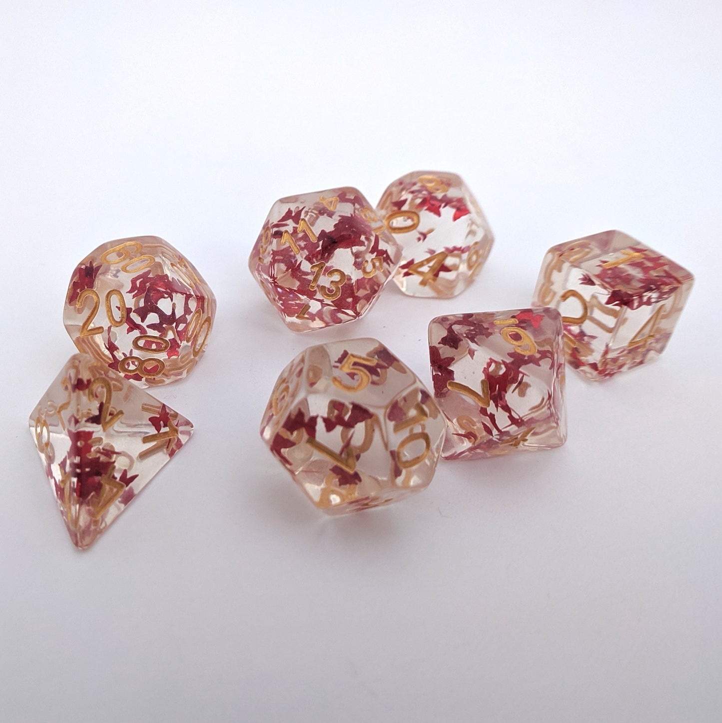 Red Butterfly DnD Dice Set, Translucent Red Glitter Dice - CozyGamer