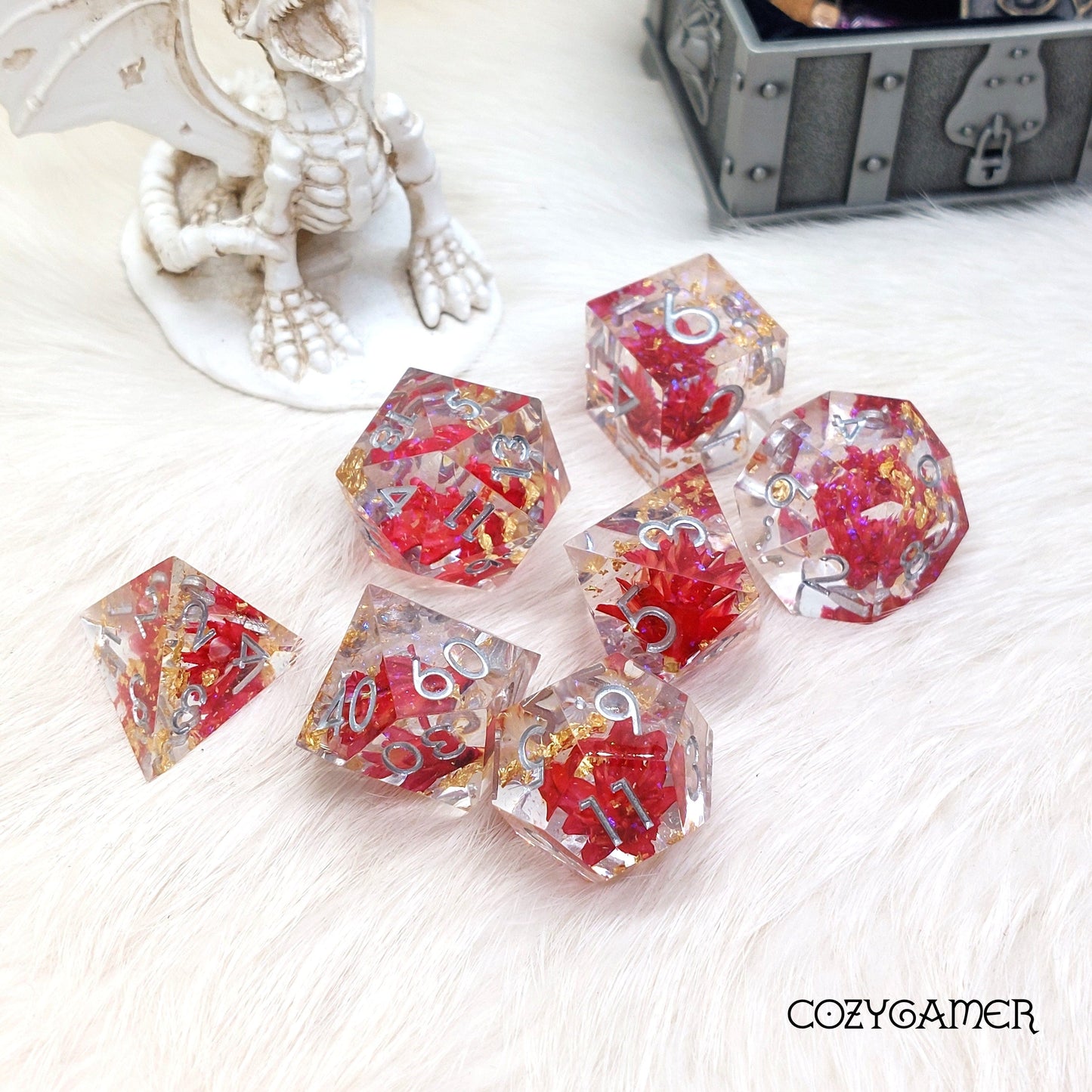 Red Flower and Gold Sharp Edge Resin Dice Set. 7 Piece DND dice set with real dried flowers. Dice Sets & Games Fennek and Finch