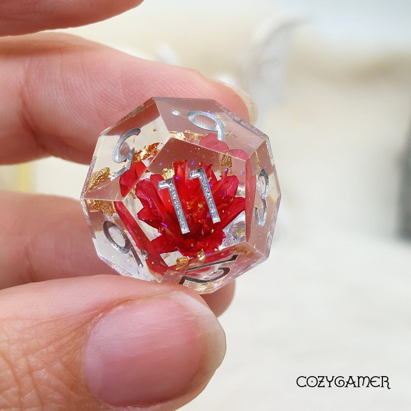 Red Flower and Gold Sharp Edge Resin Dice Set. 7 Piece DND dice set with real dried flowers. Dice Sets & Games Fennek and Finch