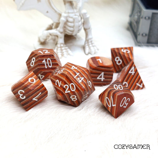 Red, Orange, and Beige Striped Wood Dice set