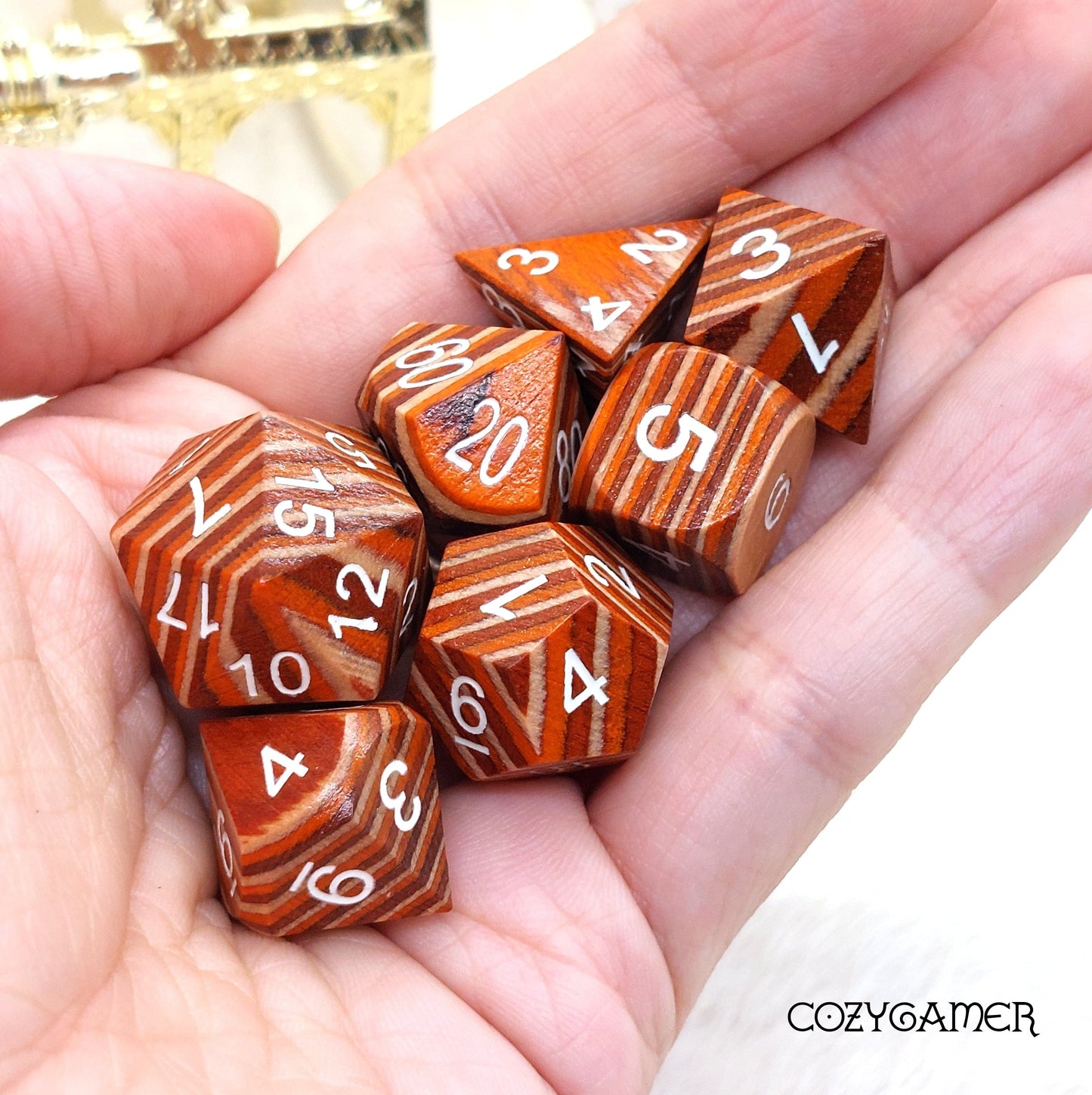 Red, Orange, and Beige Striped Wood Dice set Dice sets Fennek and Finch