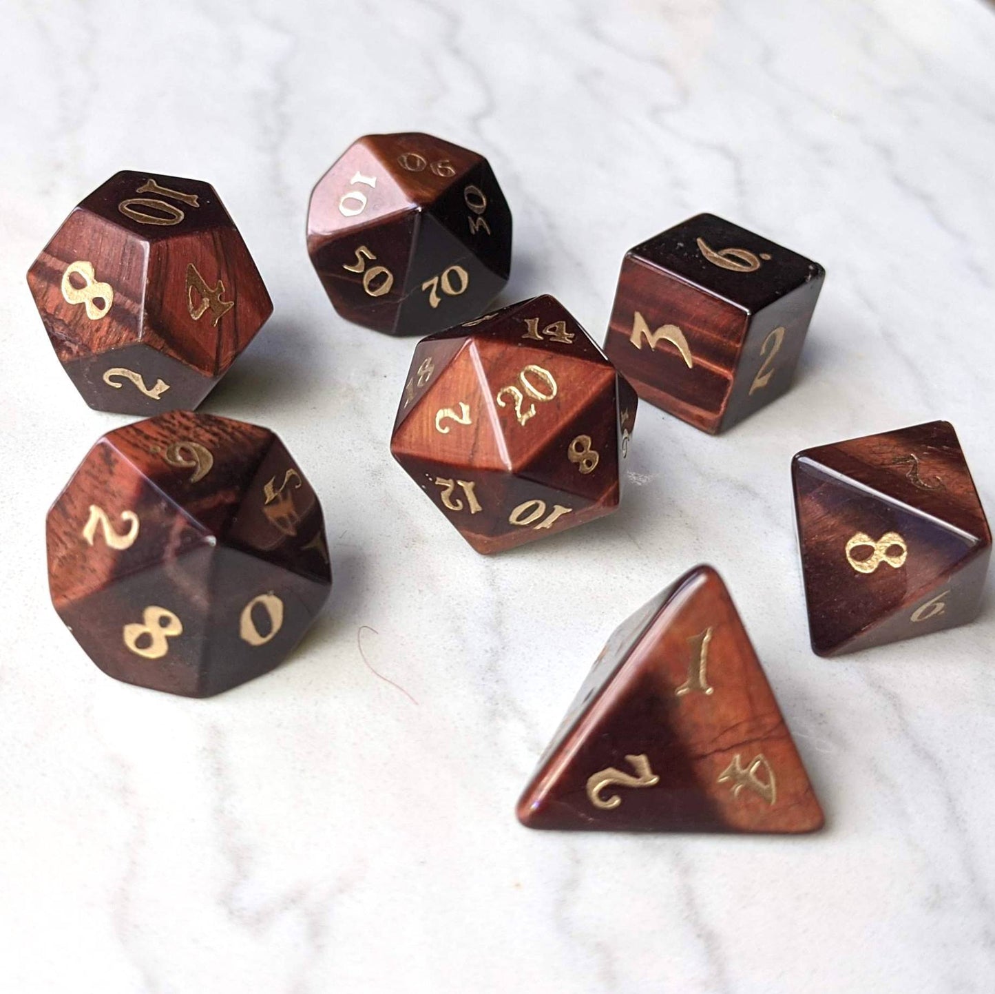 Red Tiger Eye Dice Set. Real Gemstone 7 Piece TTRPG Dice - CozyGamer