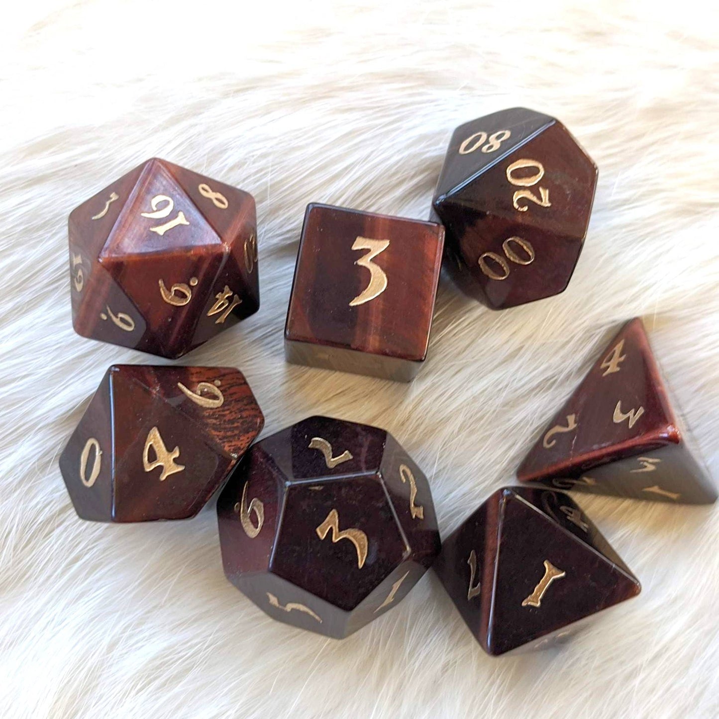 Red Tiger Eye Dice Set. Real Gemstone 7 Piece TTRPG Dice - CozyGamer