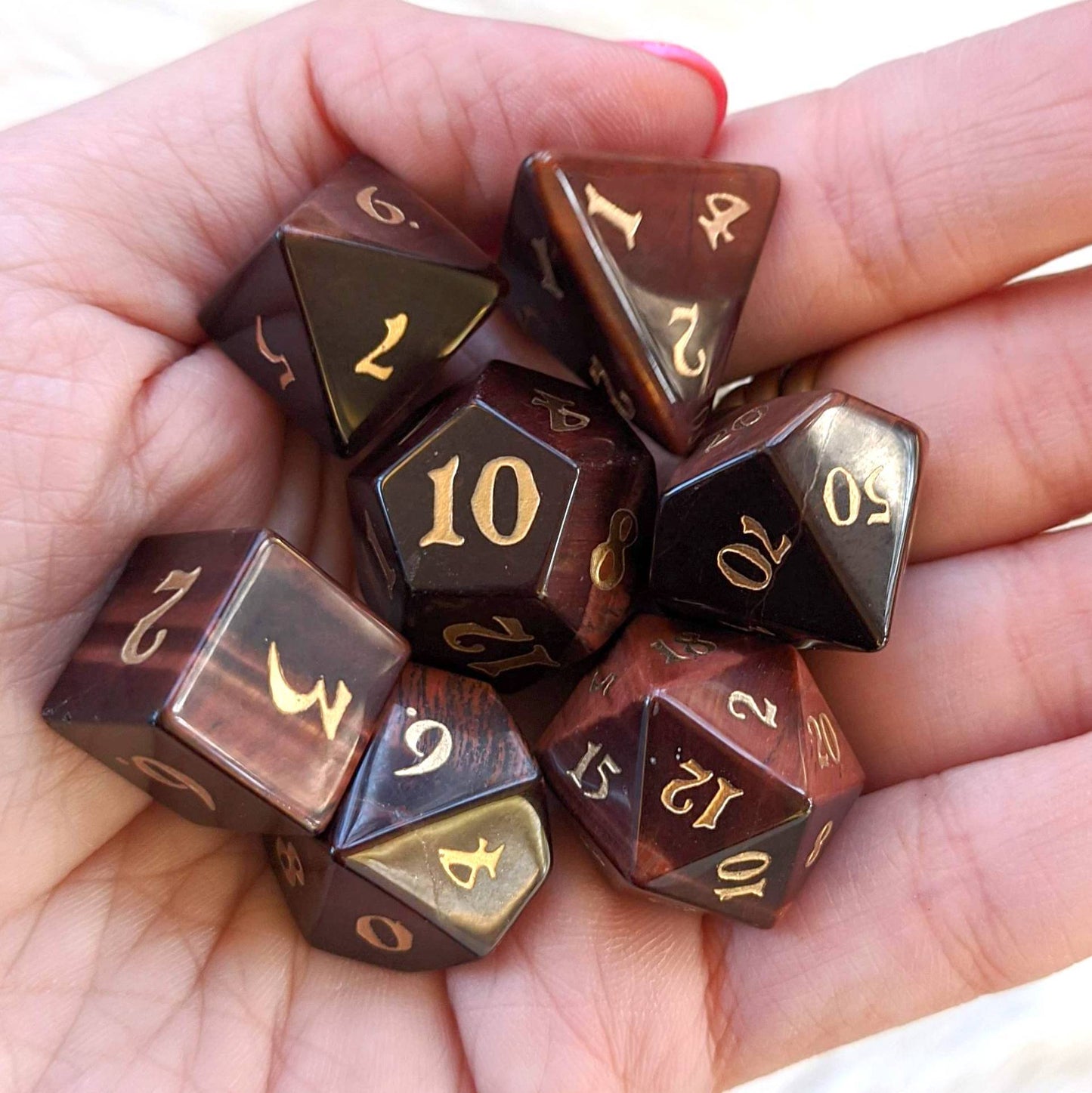 Red Tiger Eye Dice Set. Real Gemstone 7 Piece TTRPG Dice - CozyGamer