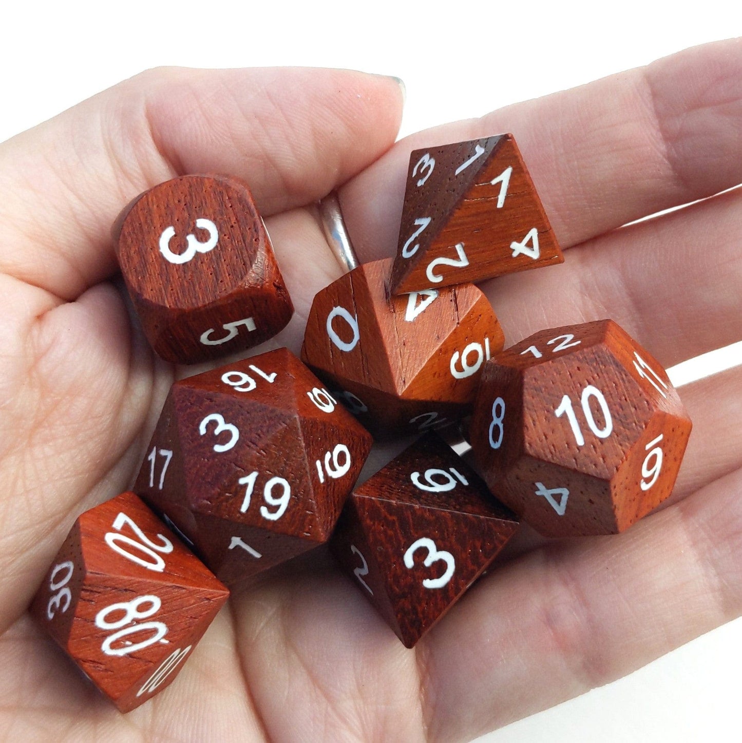 Red Wood Dice Set with White Ink - CozyGamer