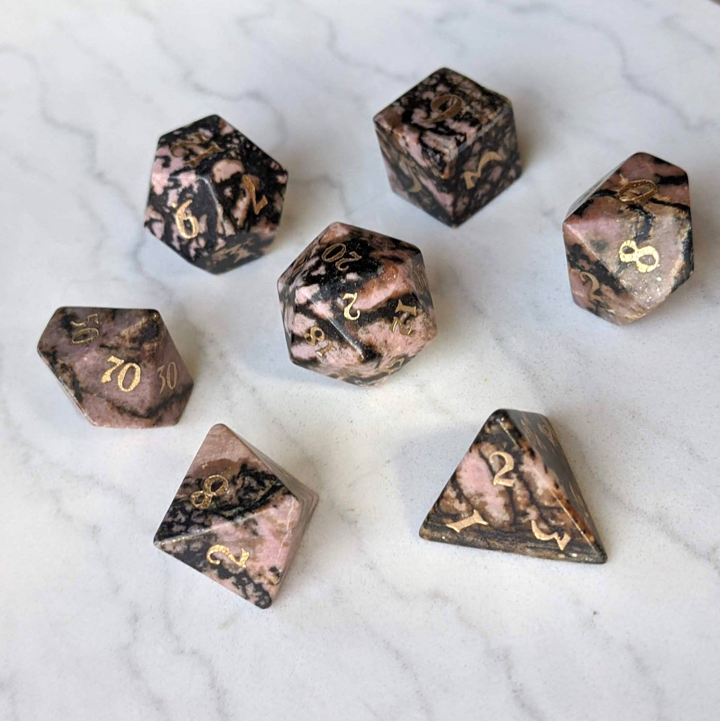 Rhodonite Dice Set. Real Gemstone 7 Piece TTRPG Dice - CozyGamer