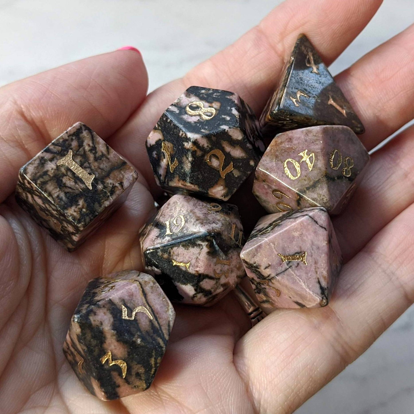 Rhodonite Dice Set. Real Gemstone 7 Piece TTRPG Dice - CozyGamer