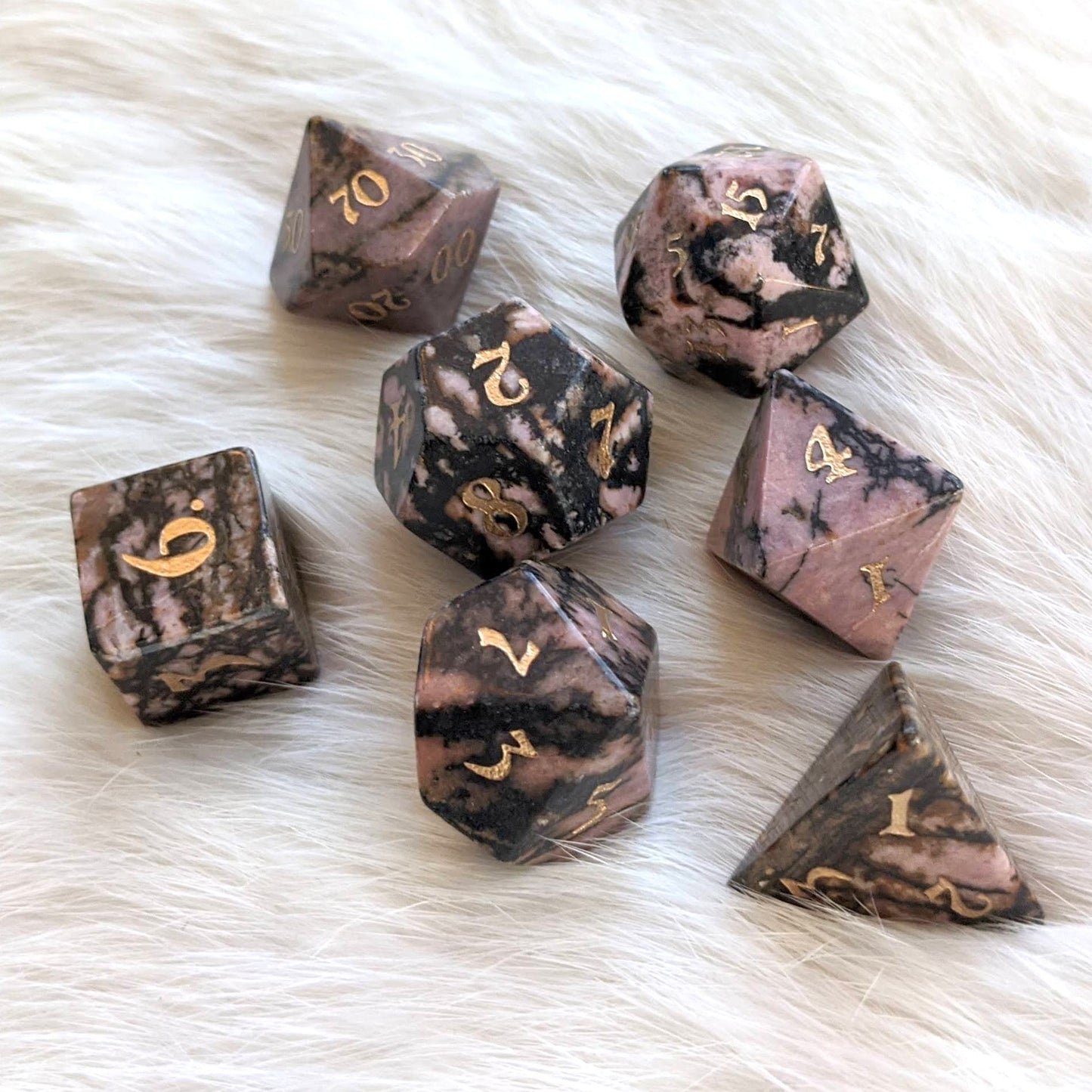 Rhodonite Dice Set. Real Gemstone 7 Piece TTRPG Dice - CozyGamer