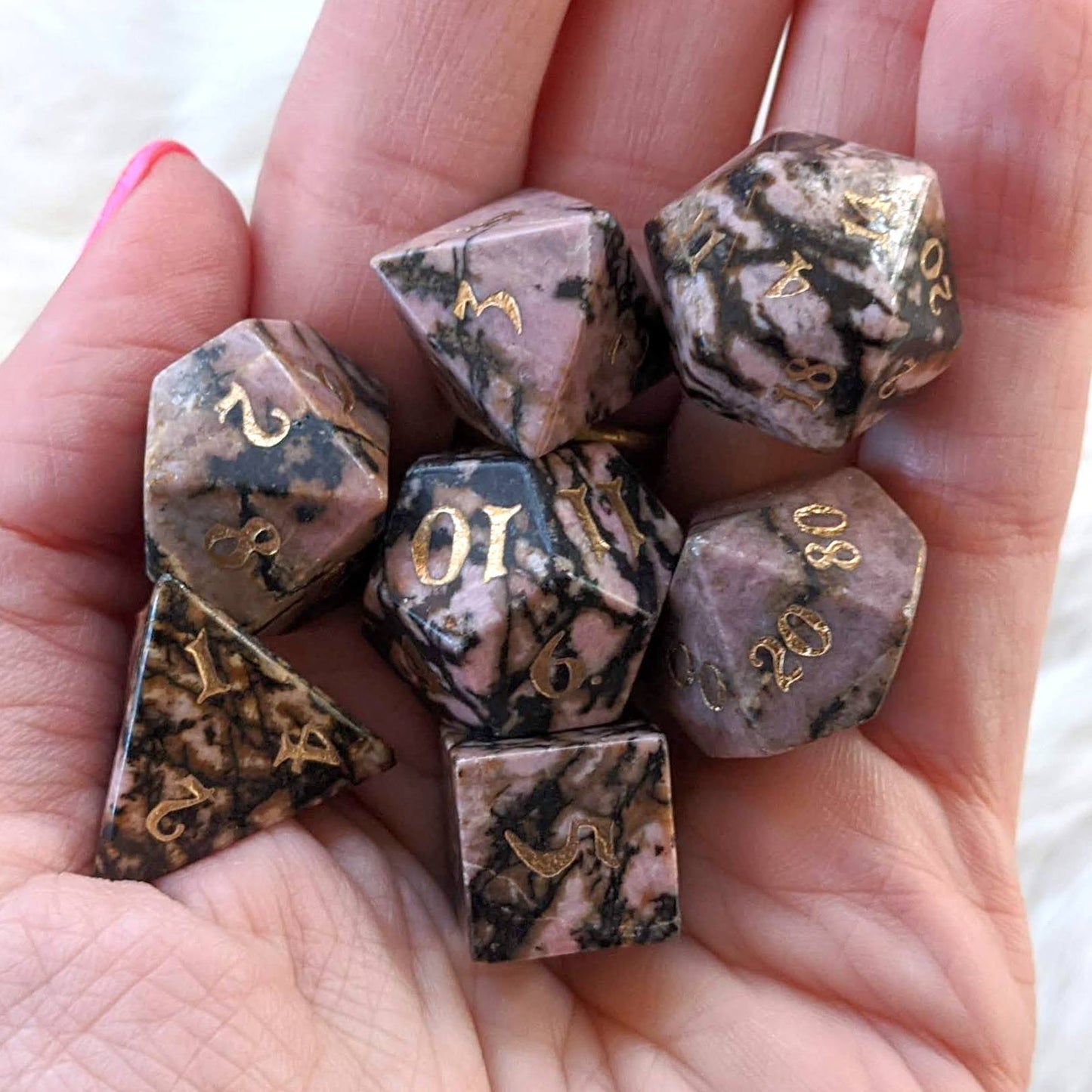 Rhodonite Dice Set. Real Gemstone 7 Piece TTRPG Dice - CozyGamer