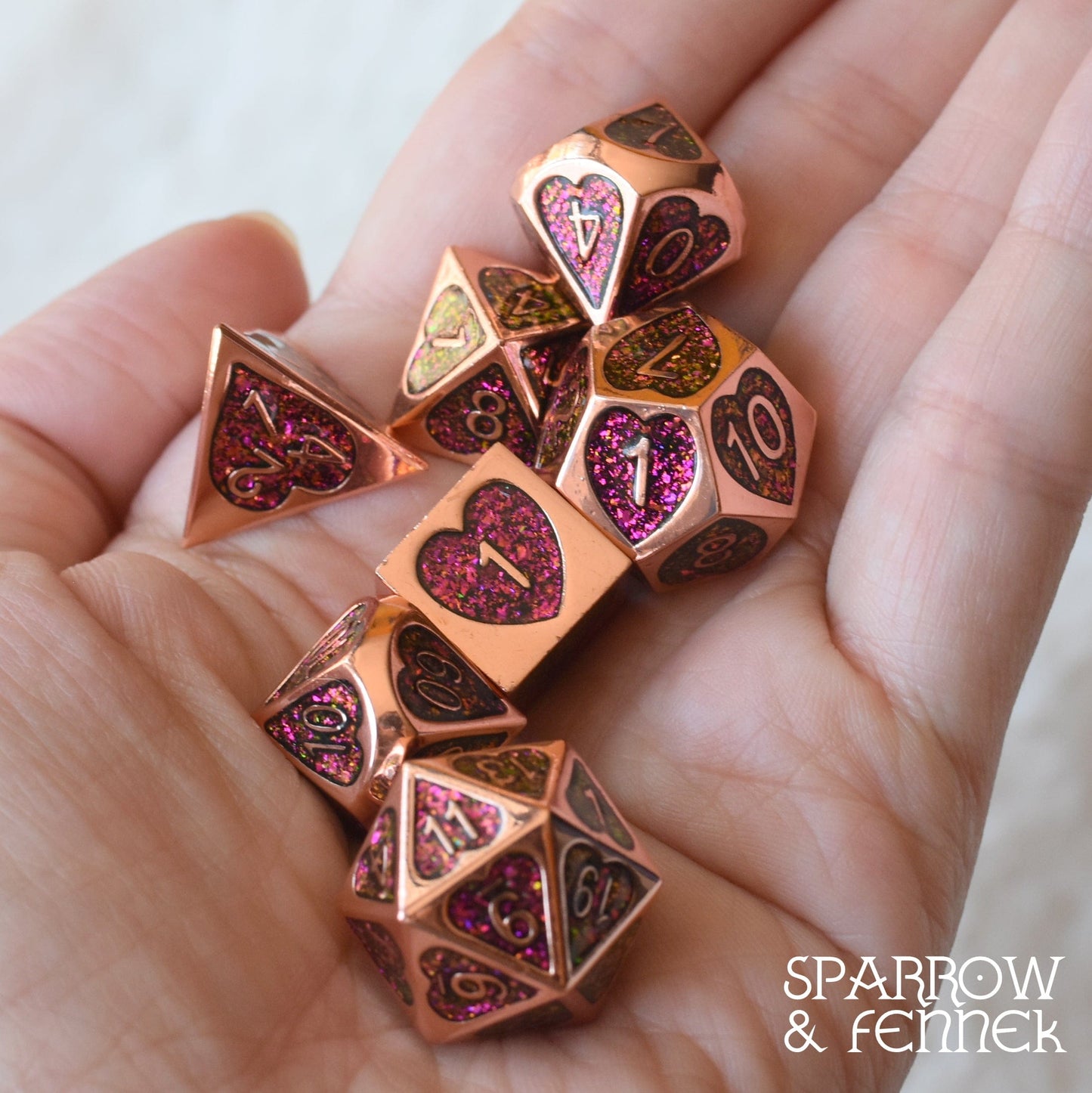 Romance Addict Metal Dice Set Copper and Pink