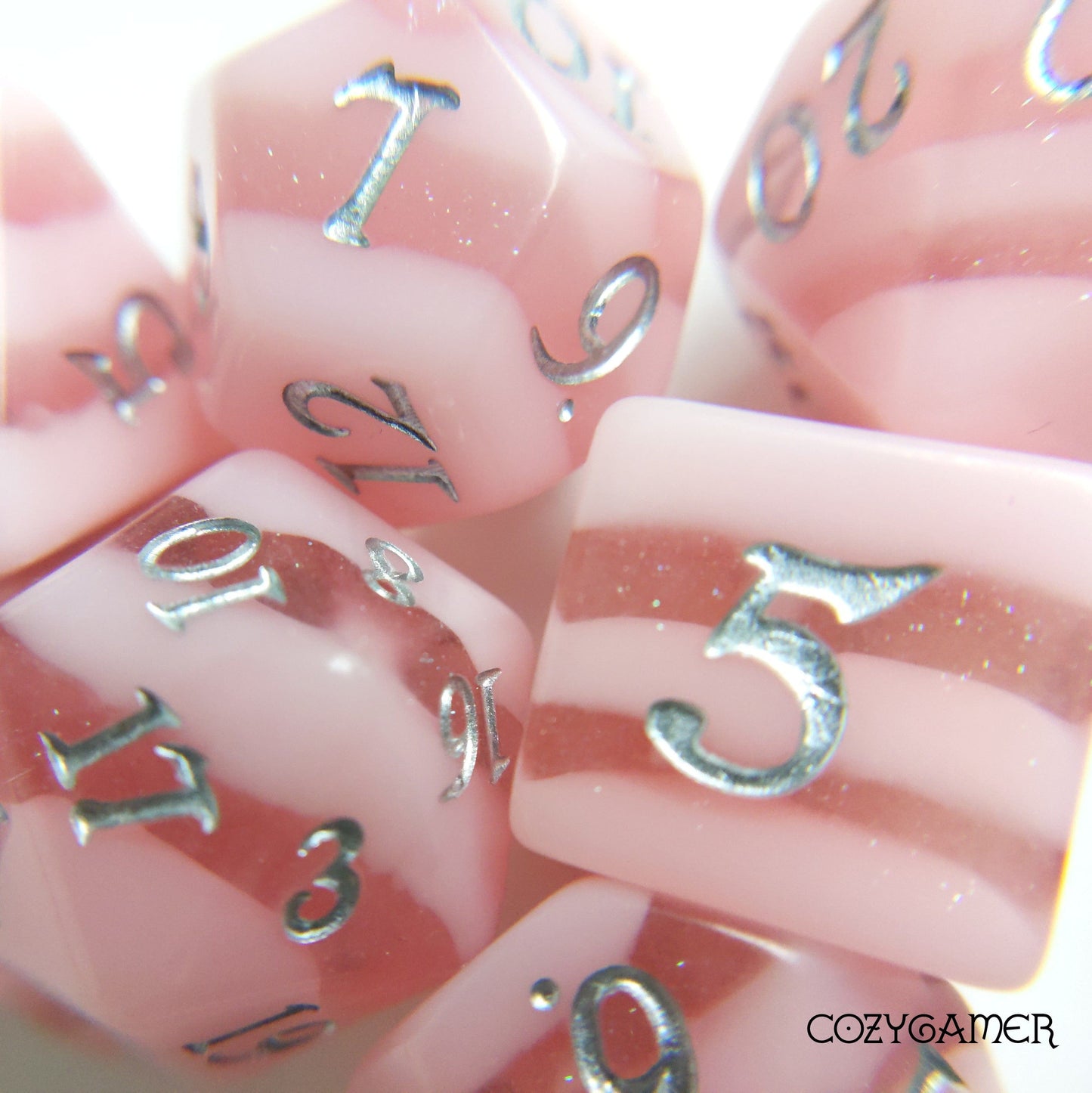 Rose Candies, a pastel pink stripe DND dice set Dice sets Fennek and Finch