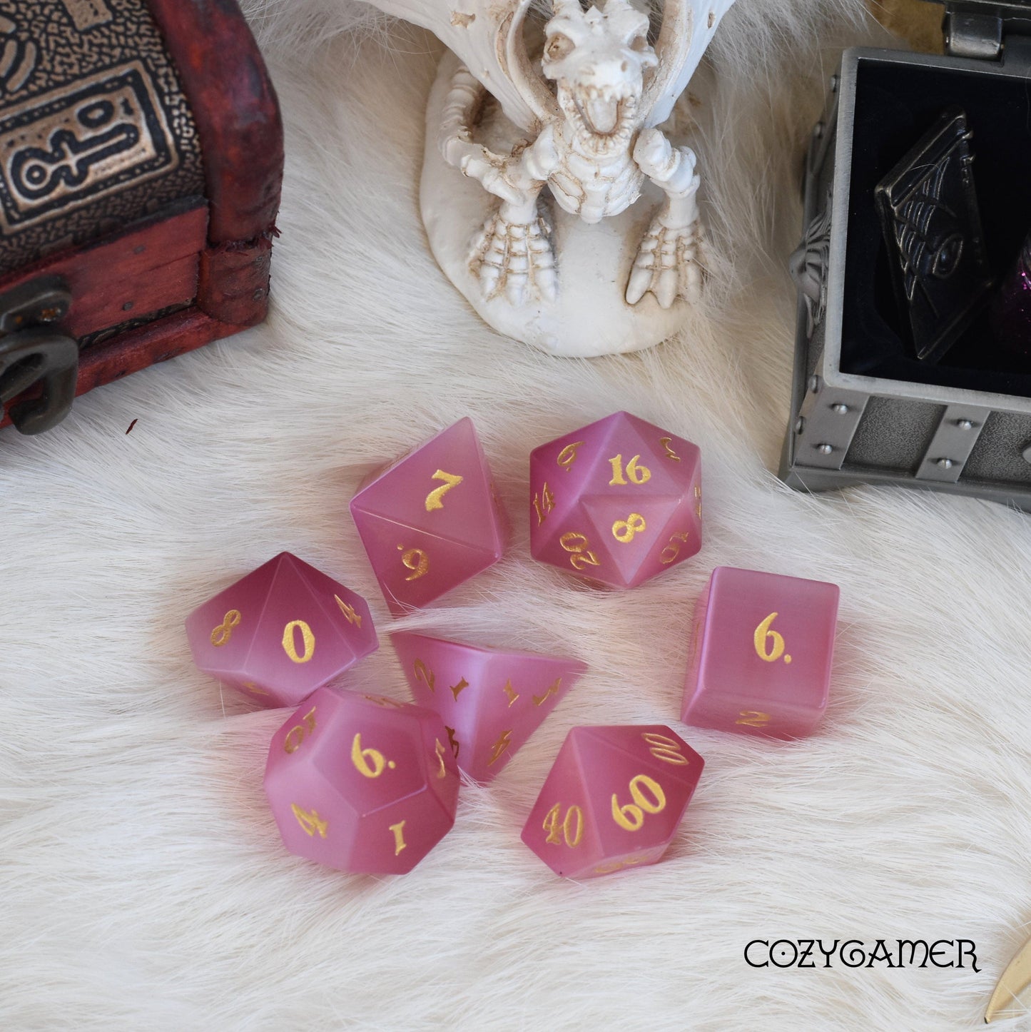 Rose Cat's Eye Dice Set. Real Gemstone 7 Piece TTRPG Dice